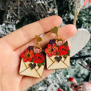 Valentines earrings//love letter earrings// flower earrings// wood earrings// spring earrings// winter earrings// wood flower earrings. image 4
