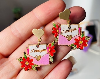 Valentines earrings//love letter earrings// flower earrings// valentines gift // spring earrings// wedding gifts // tattoo earrings