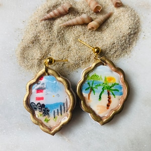 Summer earrings// seaside earrings// polymer clay earrings// picture frame earrings. image 1