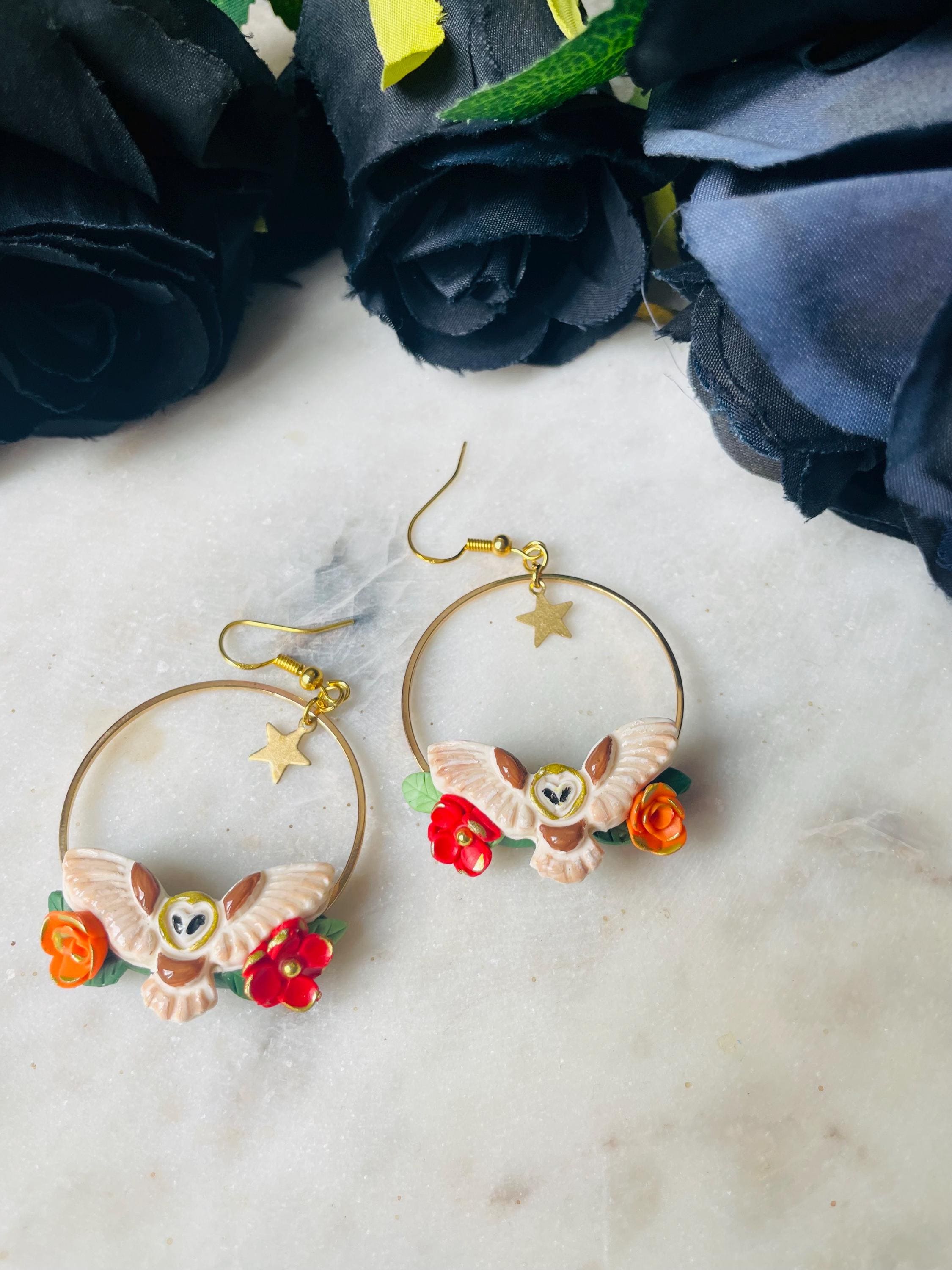 Owl earrings// flower  earrings// autumn earrings// winter earrings// polymer clay earrings// fall e