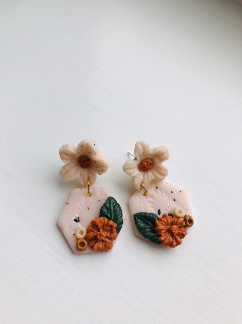 Polymer Clay Flower Earrings/ Floral Design/ Hexagon Earrings/ Etsy