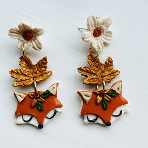 fox earrings// clay fox earrings// flower  earrings/ maple leaf earrings/ autumn earrings// summer earrings// winter earrings.