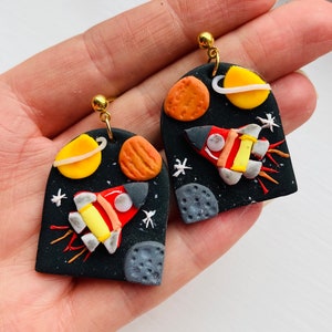 Space earrings// rocket earrings// summer earrings// polymer clay earrings// autumn earrings// clay space earrings.