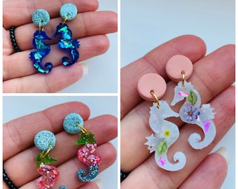 Seahorse earrings// resin earrings// summer earrings// animal earrings// flower earrings// seaside gift// resin seahorse earrings.