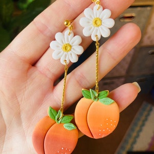 Summer earrings// spring earrings//peach earrings// fruit earrings// clay peach earrings// polymer clay earrings//flower earrings image 10