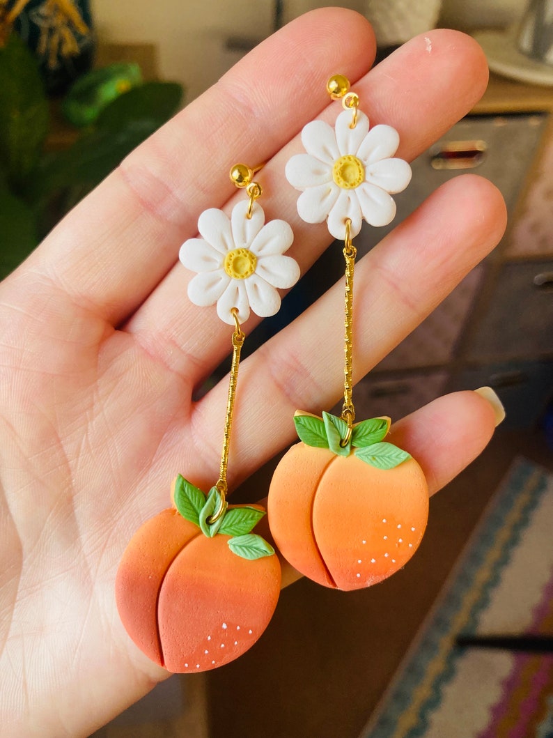 Summer earrings// spring earrings//peach earrings// fruit earrings// clay peach earrings// polymer clay earrings//flower earrings image 10