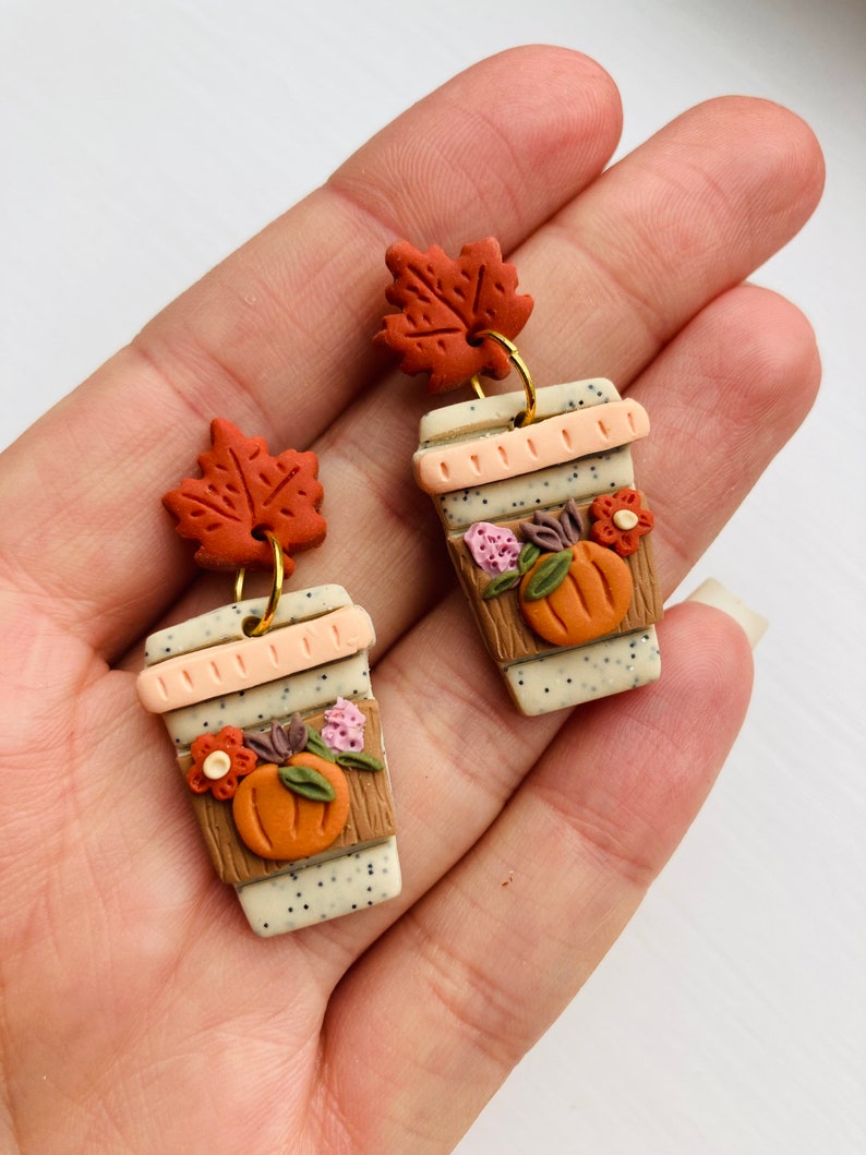 Pumpkin earrings// pumpkin spice latte earrings// Halloween earrings// autumn earrings// flower earrings// winter earrings// polymer clay ea image 8