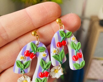 Summer earrings// spring earrings//cherry  earrings//fruit earrings// clay cherry earrings// polymer clay earrings//flower earrings