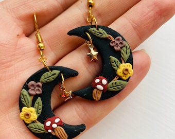 Moon earrings// flower earrings//spring earrings// summer earrings// easter earrings//clay flower earrings// wedding gift.