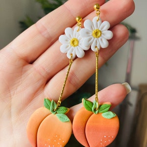 Summer earrings// spring earrings//peach earrings// fruit earrings// clay peach earrings// polymer clay earrings//flower earrings image 4