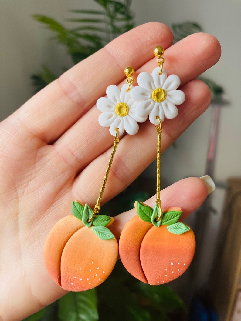 Summer earrings// spring earrings//peach earrings// fruit earrings// clay peach earrings// polymer clay earrings//flower earrings image 4