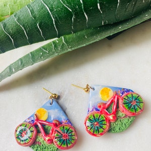 Summer earrings// autumn earrings// bike earrings// bike ride earrings//flower earrings// polymer clay earrings// image 9