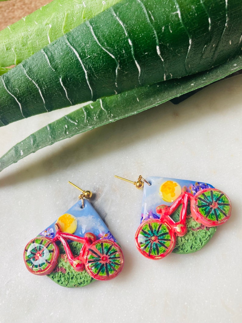 Summer earrings// autumn earrings// bike earrings// bike ride earrings//flower earrings// polymer clay earrings// image 9