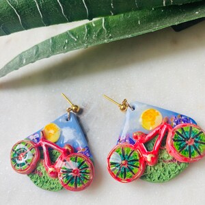 Summer earrings// autumn earrings// bike earrings// bike ride earrings//flower earrings// polymer clay earrings// image 5