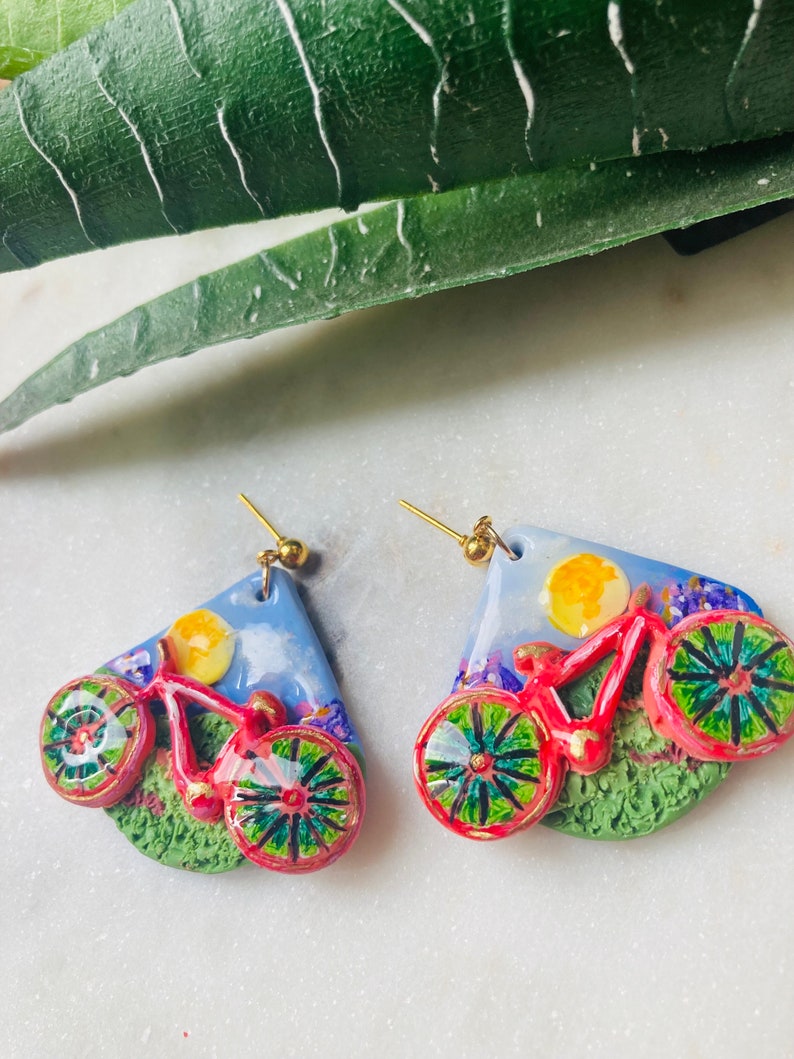 Summer earrings// autumn earrings// bike earrings// bike ride earrings//flower earrings// polymer clay earrings// image 5