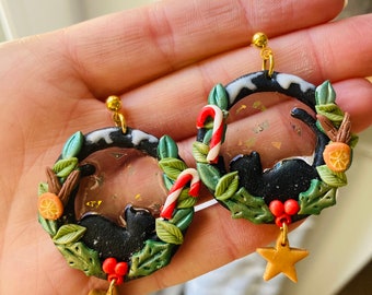 Christmas earrings// festive earrings// cat earrings// polymer clay earrings// animal earrings// black cat earrings.