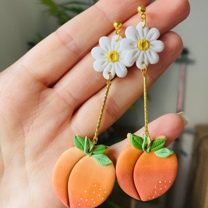 Summer earrings// spring earrings//peach earrings// fruit earrings// clay peach earrings// polymer clay earrings//flower earrings image 1