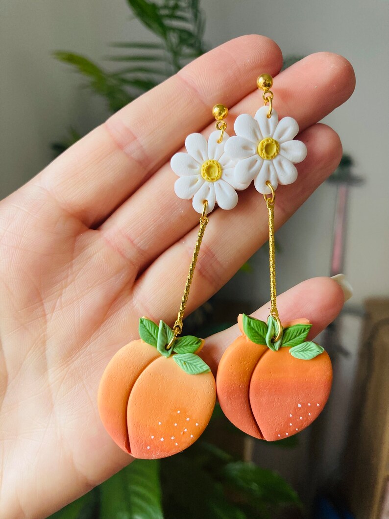 Summer earrings// spring earrings//peach earrings// fruit earrings// clay peach earrings// polymer clay earrings//flower earrings image 1