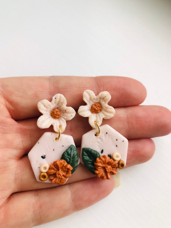 Polymer clay flower earrings floral design hexagon earrings statement earrings autumn earrings