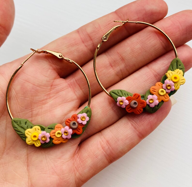 Flower Hoop Earrings// Flower Earrings// Polymer Clay Etsy