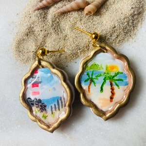 Summer earrings// seaside earrings// polymer clay earrings// picture frame earrings. image 3