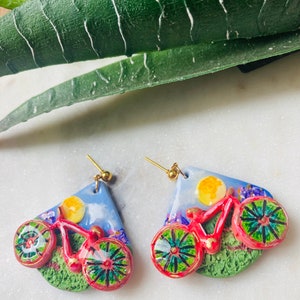 Summer earrings// autumn earrings// bike earrings// bike ride earrings//flower earrings// polymer clay earrings// image 6