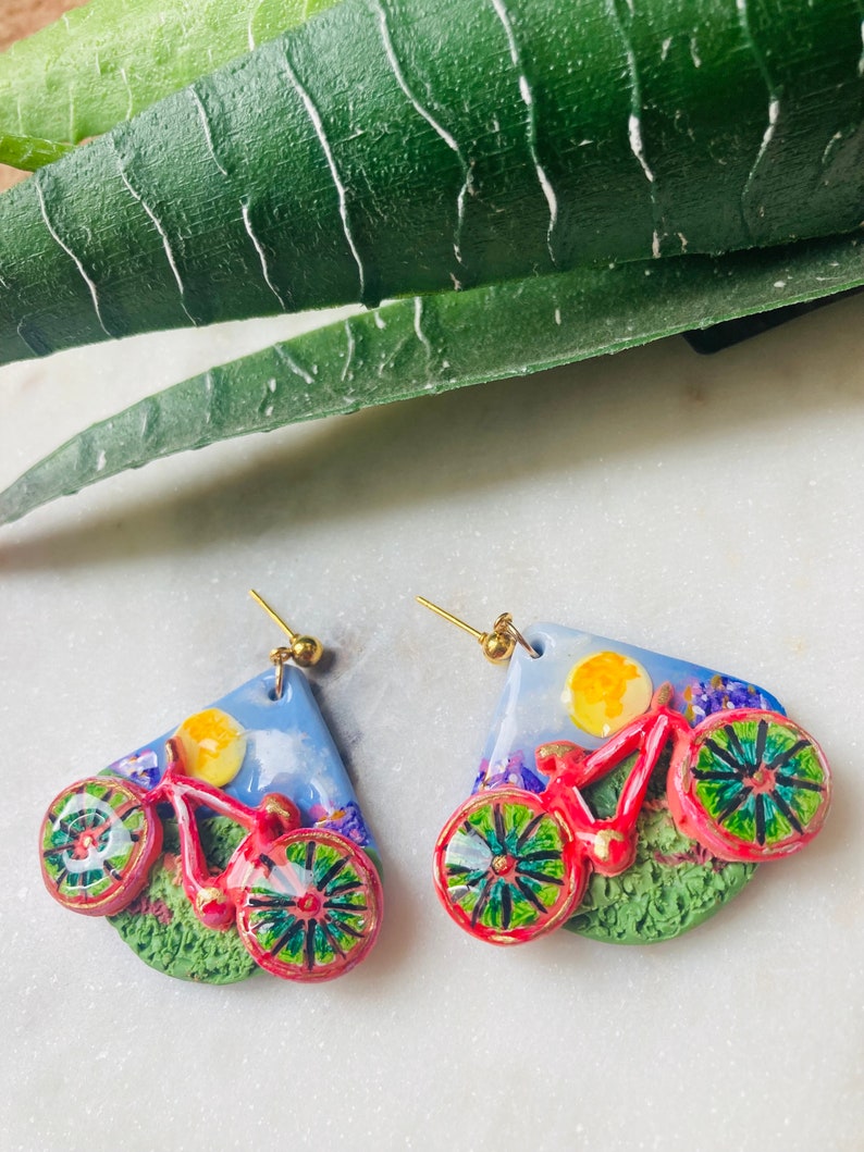 Summer earrings// autumn earrings// bike earrings// bike ride earrings//flower earrings// polymer clay earrings// image 6