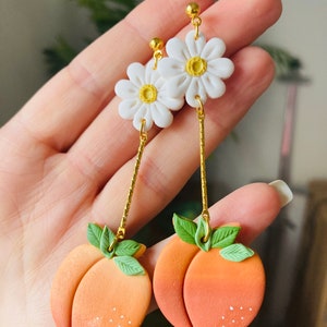 Summer earrings// spring earrings//peach earrings// fruit earrings// clay peach earrings// polymer clay earrings//flower earrings image 7