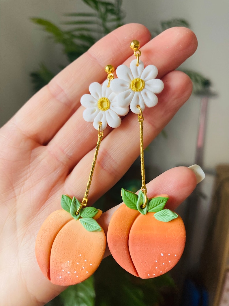 Summer earrings// spring earrings//peach earrings// fruit earrings// clay peach earrings// polymer clay earrings//flower earrings image 7