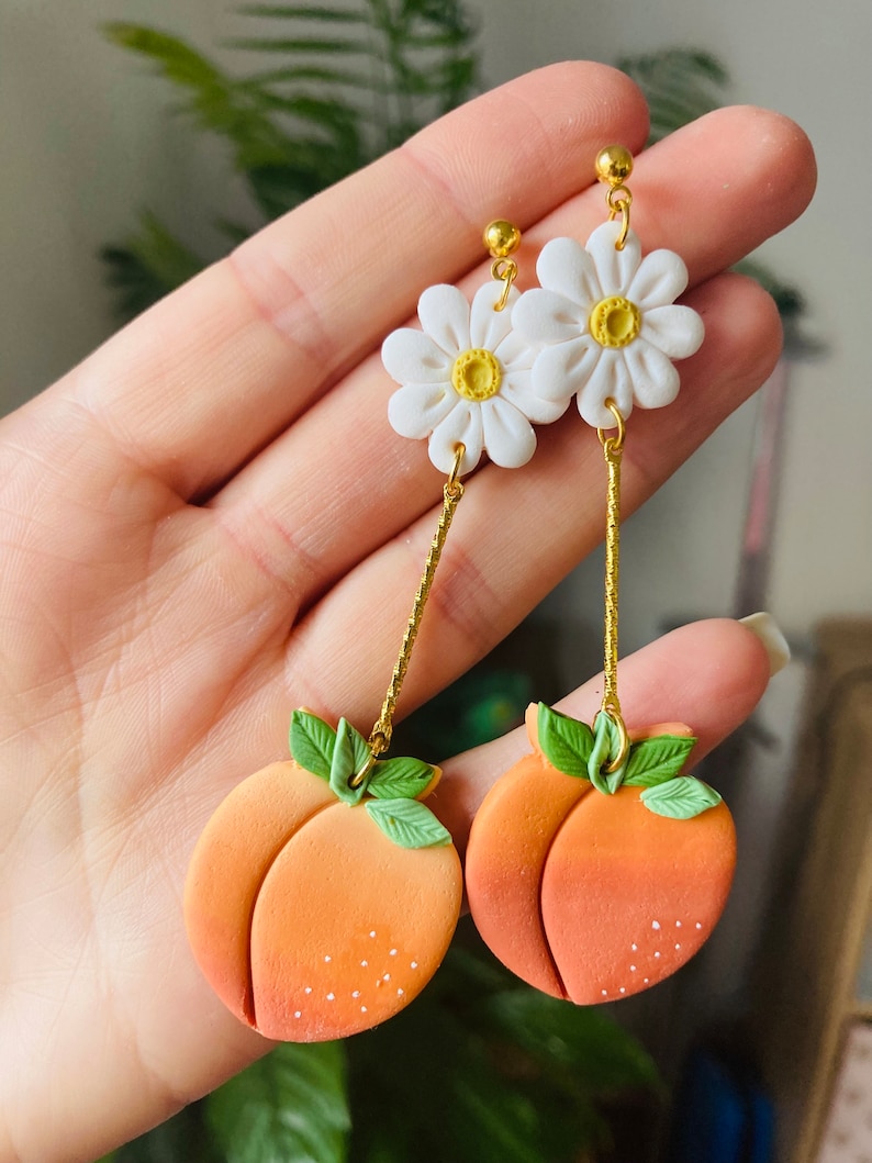 Summer earrings// spring earrings//peach earrings// fruit earrings// clay peach earrings// polymer clay earrings//flower earrings image 6