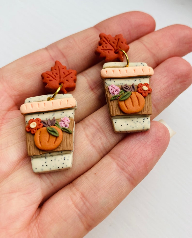 Pumpkin earrings// pumpkin spice latte earrings// Halloween earrings// autumn earrings// flower earrings// winter earrings// polymer clay ea image 6