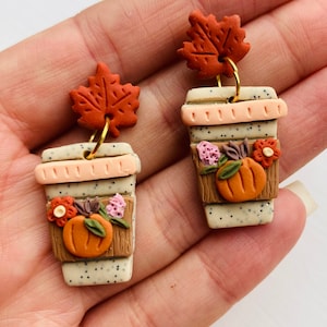 Pumpkin earrings// pumpkin spice latte earrings// Halloween earrings// autumn earrings// flower earrings// winter earrings// polymer clay ea image 1