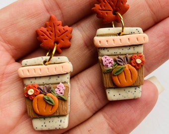 Pumpkin earrings// pumpkin spice latte earrings// Halloween earrings// autumn earrings// flower earrings// winter earrings// polymer clay ea