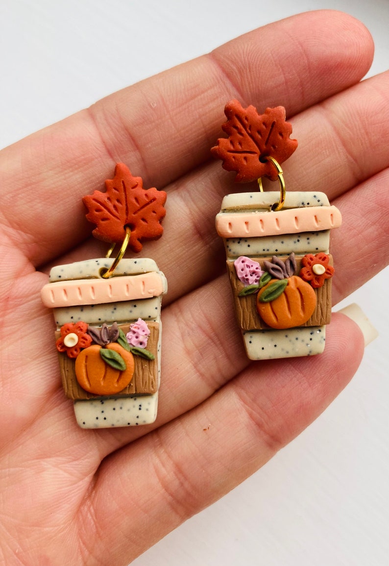 Pumpkin earrings// pumpkin spice latte earrings// Halloween earrings// autumn earrings// flower earrings// winter earrings// polymer clay ea image 1