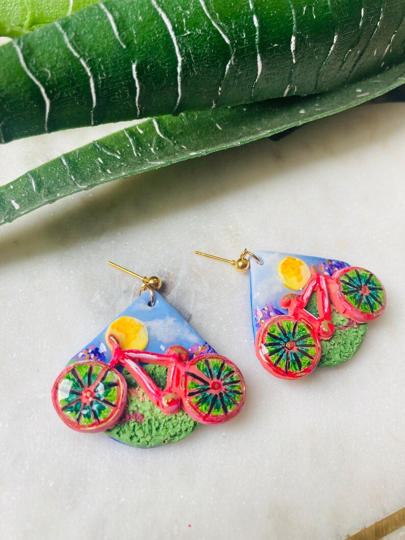 Summer earrings// autumn earrings// bike earrings// bike ride earrings//flower earrings// polymer clay earrings// image 2