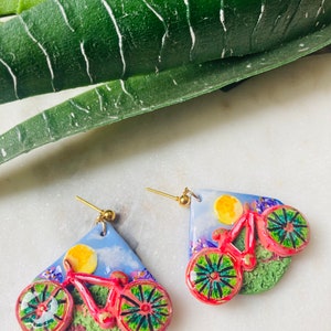 Summer earrings// autumn earrings// bike earrings// bike ride earrings//flower earrings// polymer clay earrings// image 7