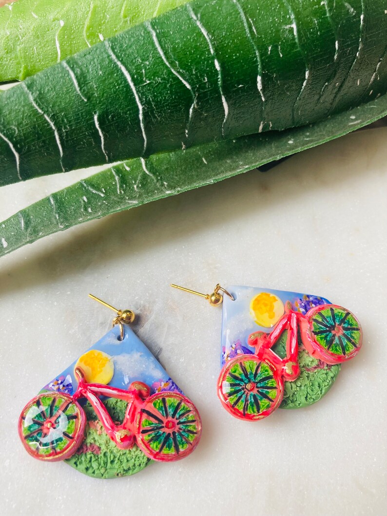 Summer earrings// autumn earrings// bike earrings// bike ride earrings//flower earrings// polymer clay earrings// image 7