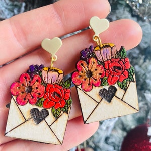 Valentines earrings//love letter earrings// flower earrings// wood earrings// spring earrings// winter earrings// wood flower earrings. image 10
