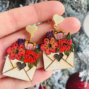 Valentines earrings//love letter earrings// flower earrings// wood earrings// spring earrings// winter earrings// wood flower earrings. image 9