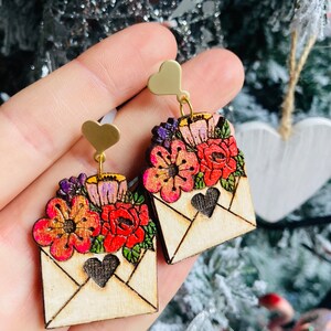 Valentines earrings//love letter earrings// flower earrings// wood earrings// spring earrings// winter earrings// wood flower earrings. image 3