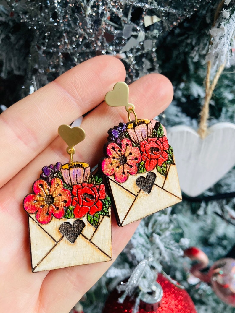 Valentines earrings//love letter earrings// flower earrings// wood earrings// spring earrings// winter earrings// wood flower earrings. image 3