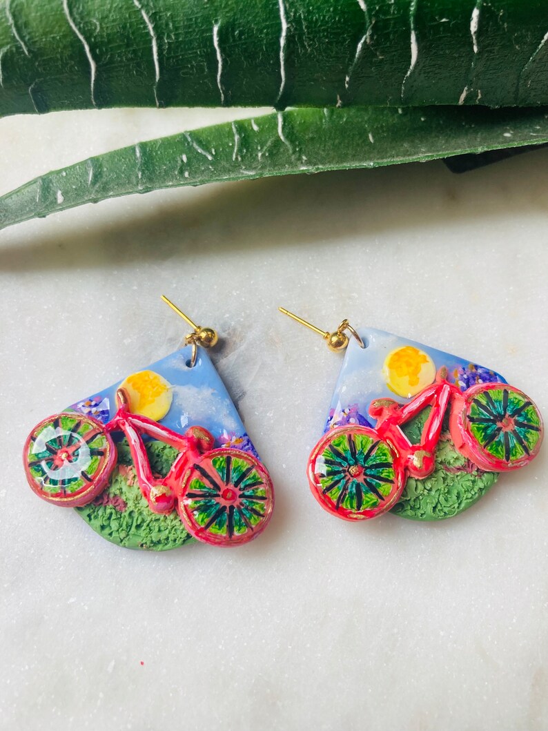 Summer earrings// autumn earrings// bike earrings// bike ride earrings//flower earrings// polymer clay earrings// image 1