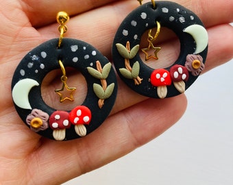 Autumn earrings// winter earrings// Celestial earrings// Halloween earrings//moon earrings// mushroom earrings// polymer clay earrings.