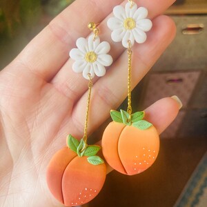 Summer earrings// spring earrings//peach earrings// fruit earrings// clay peach earrings// polymer clay earrings//flower earrings image 9