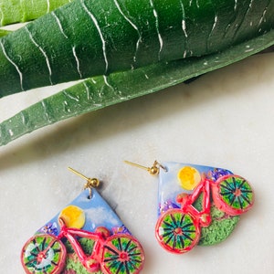 Summer earrings// autumn earrings// bike earrings// bike ride earrings//flower earrings// polymer clay earrings// image 8