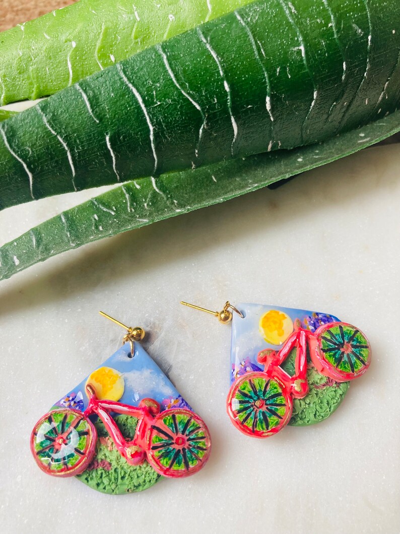 Summer earrings// autumn earrings// bike earrings// bike ride earrings//flower earrings// polymer clay earrings// image 8