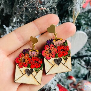 Valentines earrings//love letter earrings// flower earrings// wood earrings// spring earrings// winter earrings// wood flower earrings. image 6