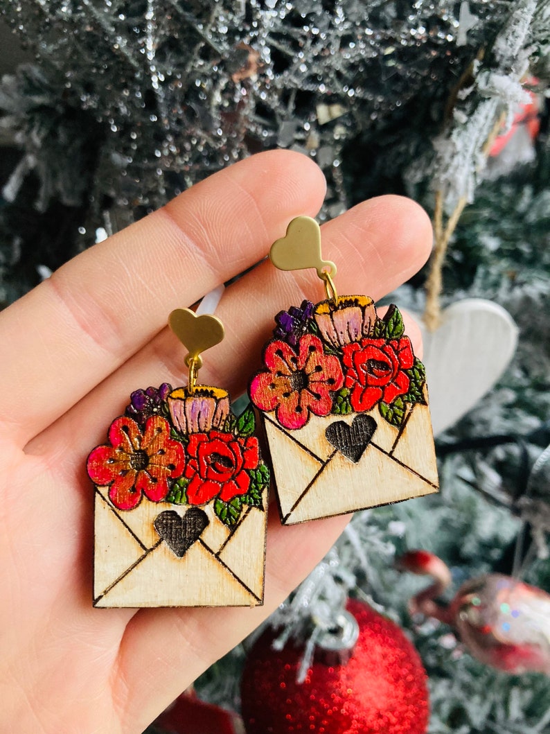 Valentines earrings//love letter earrings// flower earrings// wood earrings// spring earrings// winter earrings// wood flower earrings. image 1