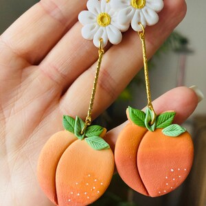 Summer earrings// spring earrings//peach earrings// fruit earrings// clay peach earrings// polymer clay earrings//flower earrings image 2