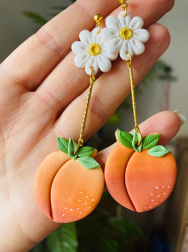 Summer earrings// spring earrings//peach earrings// fruit earrings// clay peach earrings// polymer clay earrings//flower earrings image 2